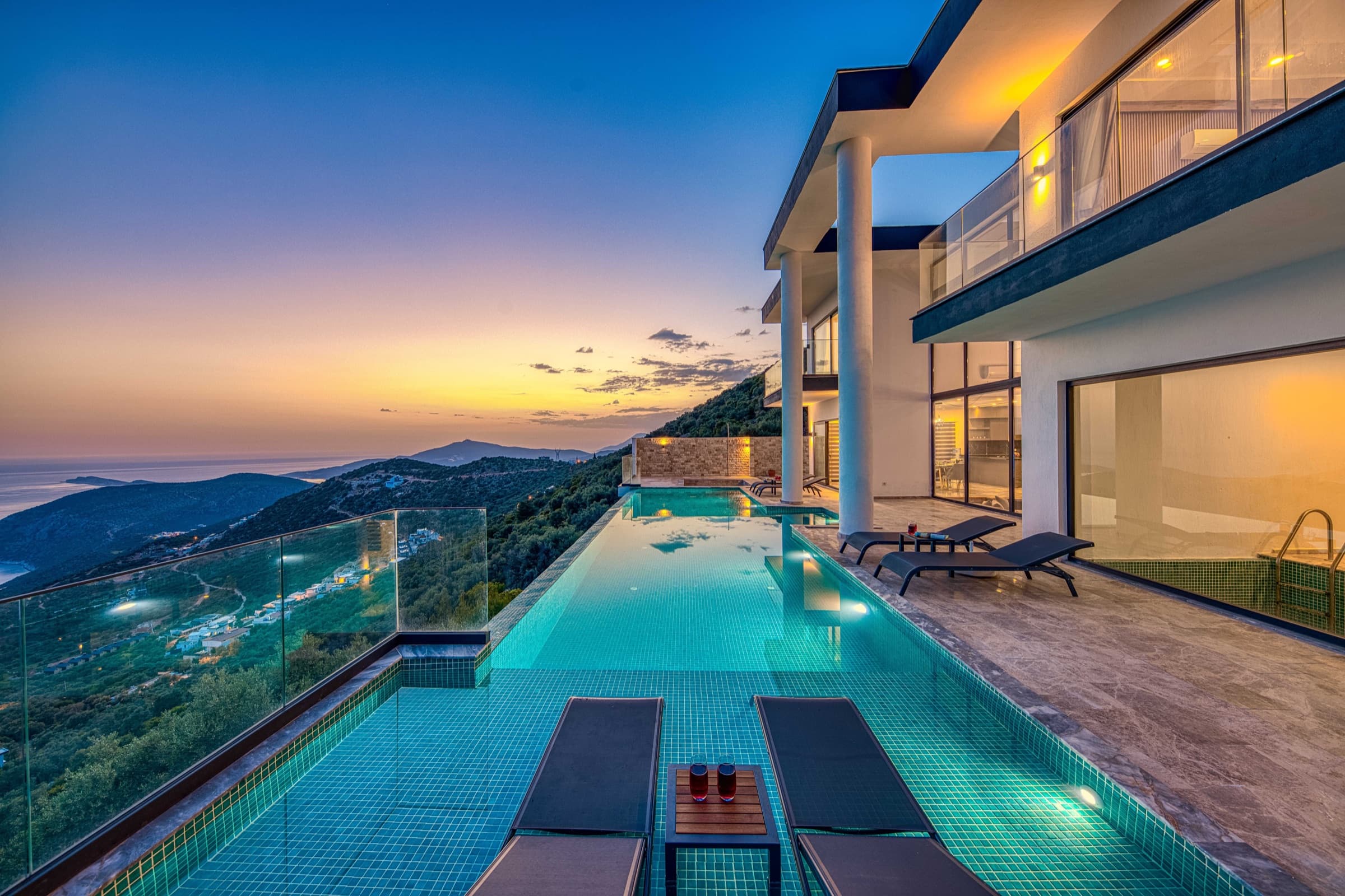 Villa Aurora infinity pool at sunset